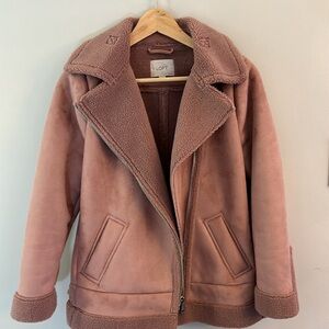 Loft Zip Up Faux Shearling Suede Jacket Soft Pinky Mauve SZ XSP Pockets Buckles